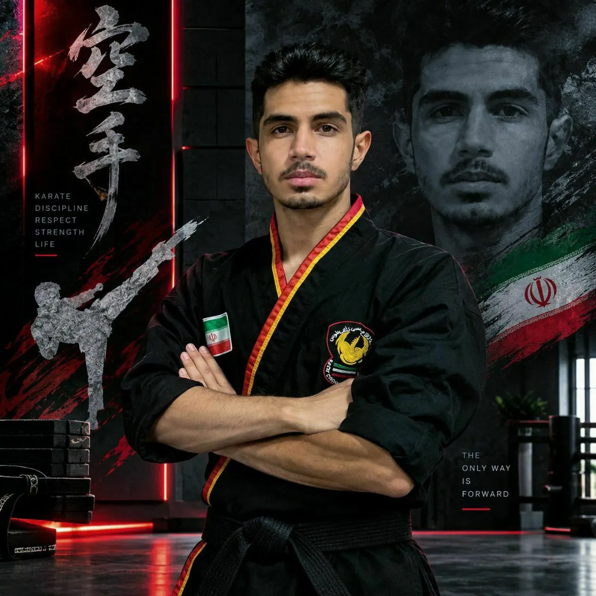 سید مرتضی حسینی در لباس رزمی با مدال و پسزمینه کاراته
